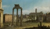 Reprodukcja Ruins of the Forum, Rome, Canaletto, Bernardo Bellotto - Wzór graficzny. Przedstawia ruiny z kolumnami, budynki