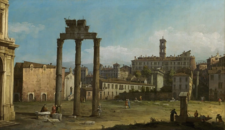 Reprodukcja Ruins of the Forum, Rome, Canaletto, Bernardo Bellotto - Wzór graficzny. Przedstawia ruiny z kolumnami, budynki