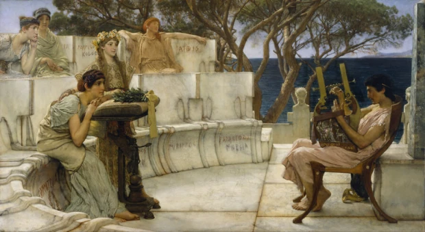 Reprodukcja Sappho and Alcaeus, Lawrence Alma-Tadema - Aranżacja w przestrzeni klasycznej. Ściany w jasnych odcieniach