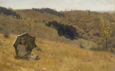 Reprodukcja Sunny Days, Lawrence Alma-Tadema - Wzór graficzny. Kobieta w białej sukni siedzi pod zielonym parasolem na tle