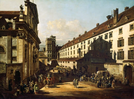 Reprodukcja obrazu Bernarda Bellotta Vienna, Dominican Church przedstawiająca plac miejski przed kościołem