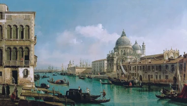 Reprodukcja View of the Grand Canal and the Dogana, Canaletto, Bernardo Bellotto - Wzór graficzny. Obraz przedstawia kanał