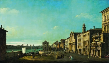 Reprodukcja View of Via di Ripetta in Rome, Canaletto, Bernardo Bellotto - Wzór graficzny. Obraz przedstawia widok na rzekę