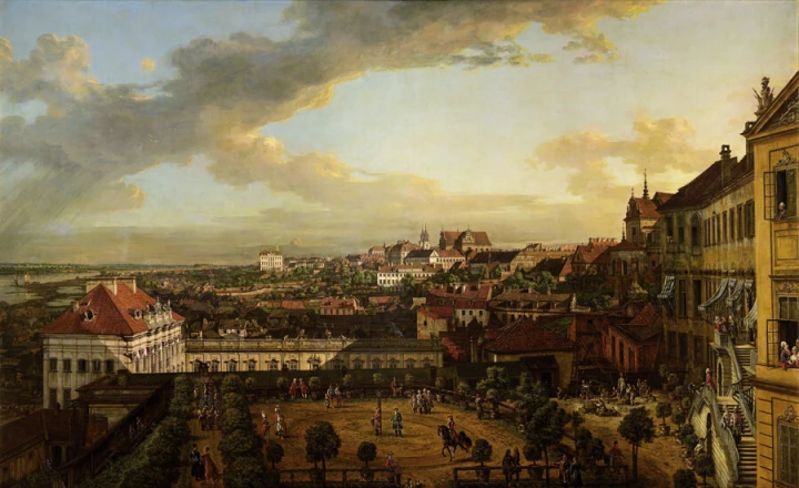 Reprodukcja View of Warsaw from the Royal Castle, Canaletto, Bernardo Bellotto - Wzór graficzny. Obraz przedstawia panoramę