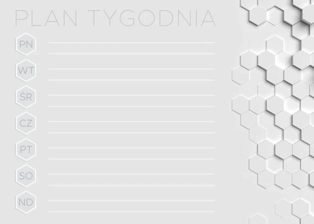 Tablica magnetyczna suchościeralna planer tygodnia 424 - Wzór graficzny. Szare heksagony na białym tle tworzą strukturalny