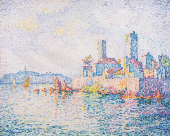 Reprodukcja Antibes, die Turme, Paul Signac - Wzór graficzny. Kolorowe plamy przedstawiają budynki nad wodą