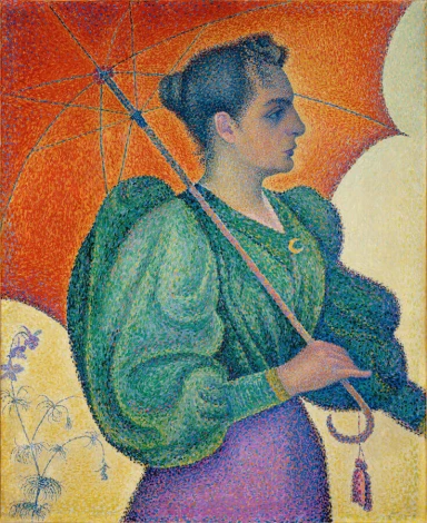 Reprodukcja Femme à lombrelle, Paul Signac - Wzór graficzny. Postać kobiety z parasolką w intensywnych kolorach