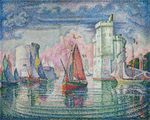 Reprodukcja obrazu Paula Signaca Entrée du port de la Rochelle przedstawiająca port z wieżami i łodziami