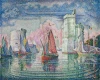 Reprodukcja Entrée du port de la Rochelle, Paul Signac - Wzór graficzny. Obraz przedstawia port z żaglówkami, wieżami