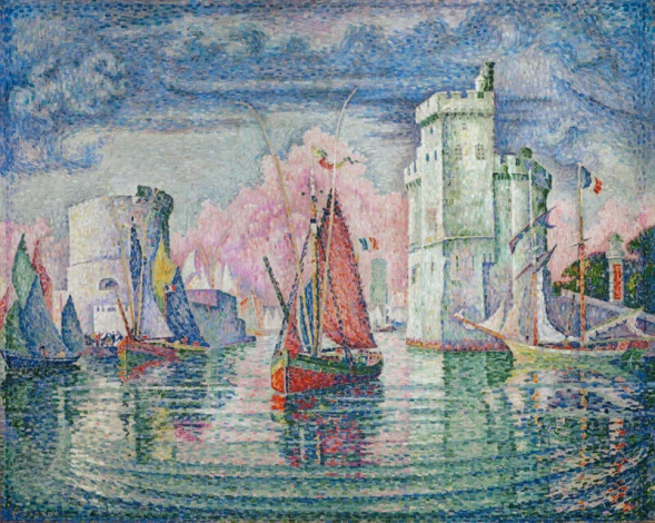 Reprodukcja Entrée du port de la Rochelle, Paul Signac - Wzór graficzny. Obraz przedstawia port z żaglówkami, wieżami