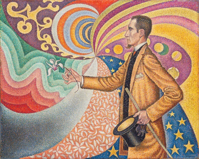Reprodukcja Portrait de Félix Fénéon, Paul Signac - Wzór graficzny. Postać mężczyzny w żółtym płaszczu trzyma kapelusz