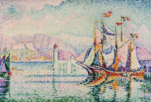 Reprodukcja Antibes - Morning, Paul Signac - Wzór graficzny. Obraz przedstawia żaglowce na wodzie, góry w tle i latarnię