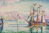 Reprodukcja Antibes - Morning, Paul Signac - Wzór graficzny. Obraz przedstawia żaglowce na wodzie, góry w tle i latarnię
