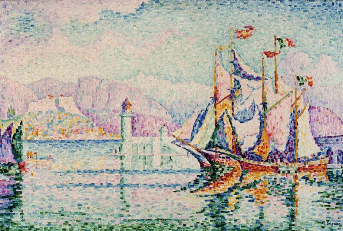 Reprodukcja Antibes - Morning, Paul Signac - Wzór graficzny. Obraz przedstawia żaglowce na wodzie, góry w tle i latarnię