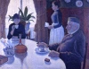 Reprodukcja Breakfast, Paul Signac - Aranżacja w jadalni. Ściany w ciepłych odcieniach, stół z białym obrusem