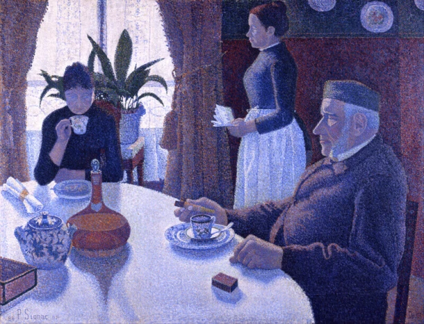 Reprodukcja Breakfast, Paul Signac - Aranżacja w jadalni. Ściany w ciepłych odcieniach, stół z białym obrusem