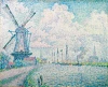 Reprodukcja Canal of Overschie, Paul Signac - Wzór graficzny. Młyn wiatrowy, łodzie na wodzie, chmury i niebo