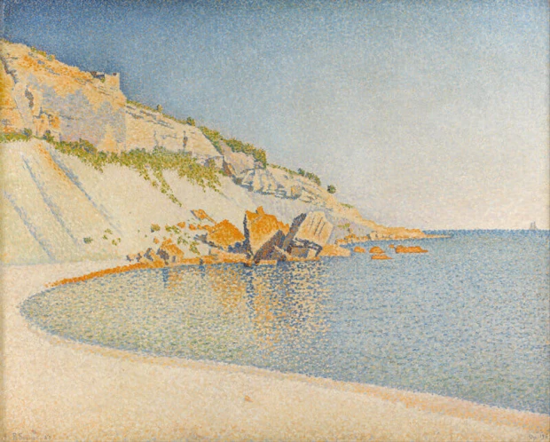 Reprodukcja Cassis, Cap Lombard, Opus 196, Paul Signac - Wzór graficzny. Morska scena z klifami, plażą i wodą w odcieniach