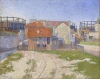 Reprodukcja Gasometers at Clichy, Paul Signac - Wzór graficzny. Budynki z czerwonymi dachami, gazometry w tle, niebo