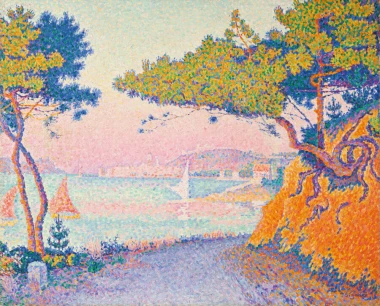 Reprodukcja Golfe Juan, Paul Signac - Wzór graficzny. Kolorowe plamy przedstawiają krajobraz z morzem, drzewami i żaglówkami