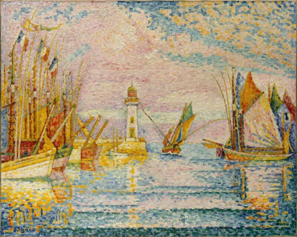 Reprodukcja Lighthouse at Groix, Paul Signac - Wzór graficzny. Obraz przedstawia latarnię morską, łodzie oraz wodę