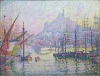 Reprodukcja Notre Dame de la Garde, Paul Signac - Wzór graficzny. Obraz przedstawia port z łodziami i wzgórzem w tle