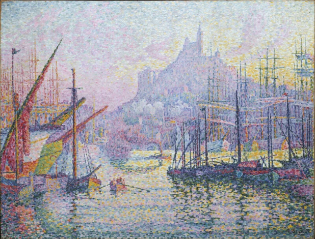Reprodukcja Notre Dame de la Garde, Paul Signac - Wzór graficzny. Obraz przedstawia port z łodziami i wzgórzem w tle