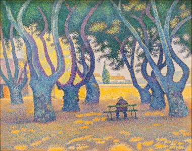Reprodukcja Place des Lices, Paul Signac - Wzór graficzny. Obraz przedstawia drzewa o falistych pniach oraz postać siedzącą