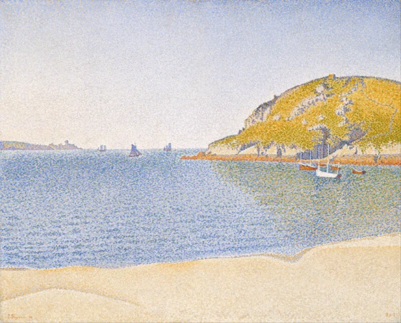 Reprodukcja Port of Saint-Cast, Paul Signac - Wzór graficzny. Obraz przedstawia widok na morze, łodzie i wzgórza w tle