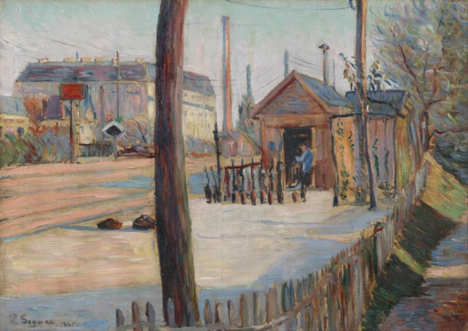 Reprodukcja Railway junction near Bois-Colombes, Paul Signac - Wzór graficzny. Scena przedstawia stację kolejową z budynkiem