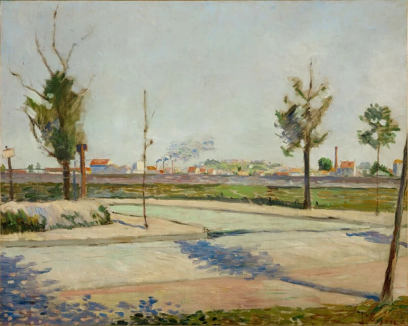 Reprodukcja Road to Gennevilliers, Paul Signac - Wzór graficzny. Obraz przedstawia krajobraz z drzewami, drogą i budynkami