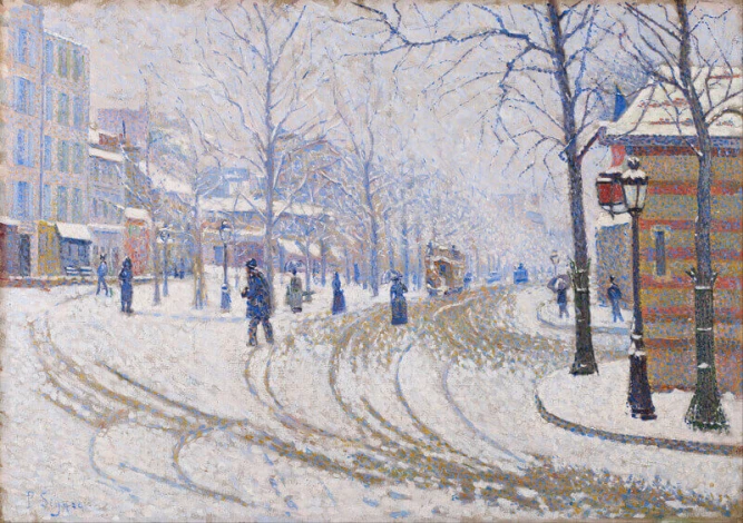 Reprodukcja Snow, Boulevard de Clichy, Paris, Paul Signac - Wzór graficzny. Obraz przedstawia zimowy krajobraz z drzewami
