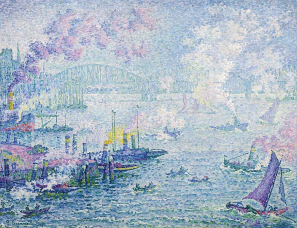 Reprodukcja The Port of Rotterdam, Paul Signac - Wzór graficzny. Obraz przedstawia port z łodziami, mostem i dymem