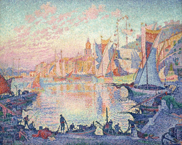 Reprodukcja obrazu Paula Signaca The Port of Saint-Tropez przedstawiająca port i łodzie w technice puentylizmu