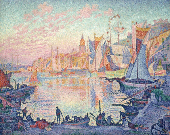 Reprodukcja The Port of Saint-Tropez, Paul Signac - Wzór graficzny. Kolorowe łodzie na wodzie, budynki i niebo w pastelowych