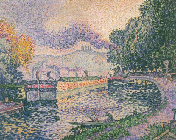 Reprodukcja The Tugboat, Canal in Samois, Paul Signac - Wzór graficzny. Obraz przedstawia łódki na wodzie, z drzewami
