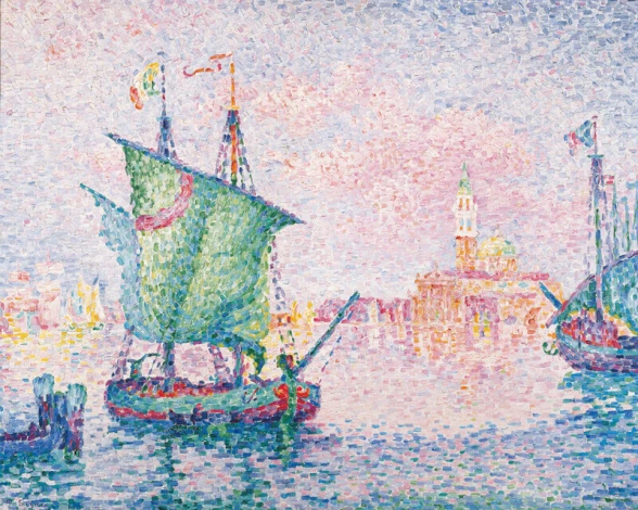 Reprodukcja Venice, The Pink Cloud, 1909, Paul Signac - Wzór graficzny. Obraz przedstawia łodzie na wodzie, z kolorowymi