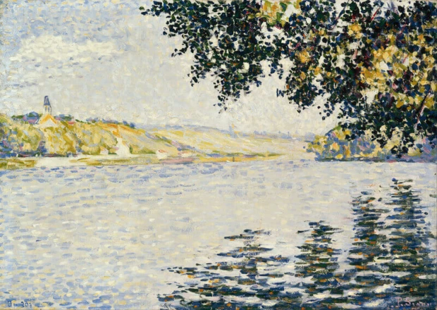 Reprodukcja obrazu Paula Signaca View of the Seine at Herblay przedstawiająca rzekę w świetle słońca