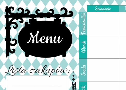 Tablica magnetyczna suchościeralna z nadrukiem menu, listy zakupów i planera posiłków w turkusowe romby na białym tle