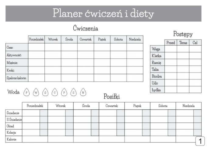 Planer Fitness magnetyczny suchościeralny 430 - Wzór graficzny. Grafika zawiera tabelę z dniami tygodnia i kategoriami