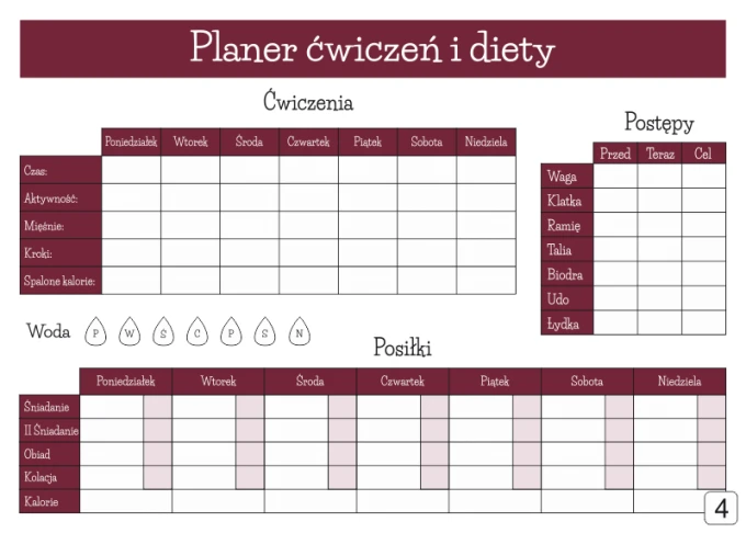 Planer Fitness magnetyczny suchościeralny 430 - Wzór graficzny. Grafika zawiera tabelę z dniami tygodnia i miejscem na wpisy