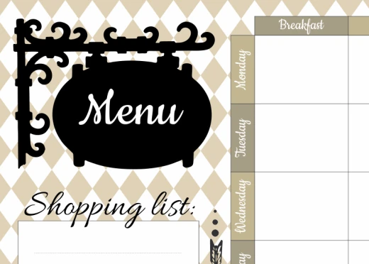 Tablica suchościeralna z nadrukiem menu, listy zakupów i planera tygodniowego w beżowe romby