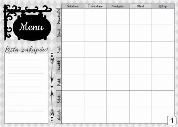 Tablica suchościeralna menu 432 - Wzór graficzny. Grafika zawiera ramkę z napisem Menu oraz tabelę z dniami tygodnia