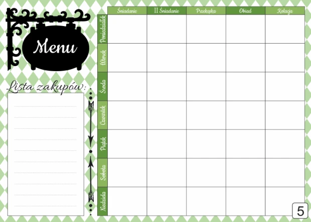 Tablica suchościeralna menu 432 - Wzór graficzny. Zielona kratka w tle z czarnym napisem i miejscem na listę zakupów