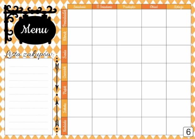 Tablica suchościeralna menu 432 - Wzór graficzny. Grafika z rombami w kolorze pomarańczowym i białym, z miejscem na wpisy