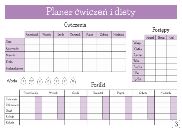 Tablica suchościeralna z nadrukiem planera ćwiczeń i diety w fioletowej kolorystyce na białym tle