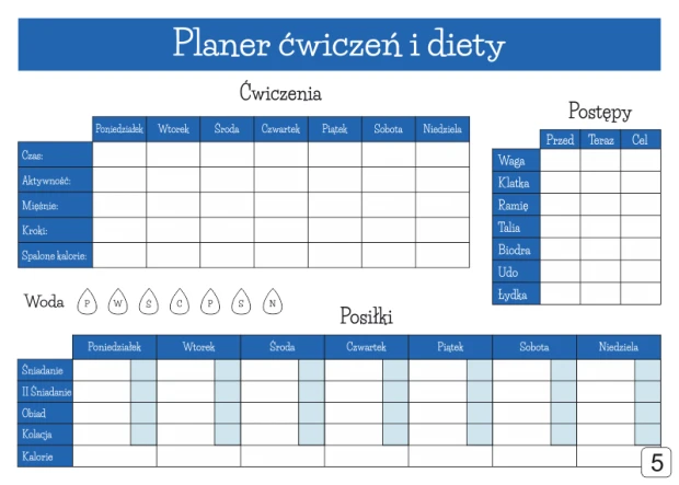 Tablica suchościeralna z nadrukiem planera ćwiczeń i diety na białym tle