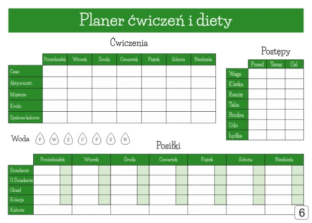 Tablica suchościeralna z nadrukiem planera ćwiczeń i diety w zielonej kolorystyce na białym tle