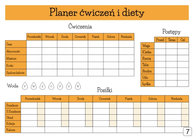 Tablica suchościeralna z nadrukiem planera ćwiczeń i diety w pomarańczowej kolorystyce na białym tle