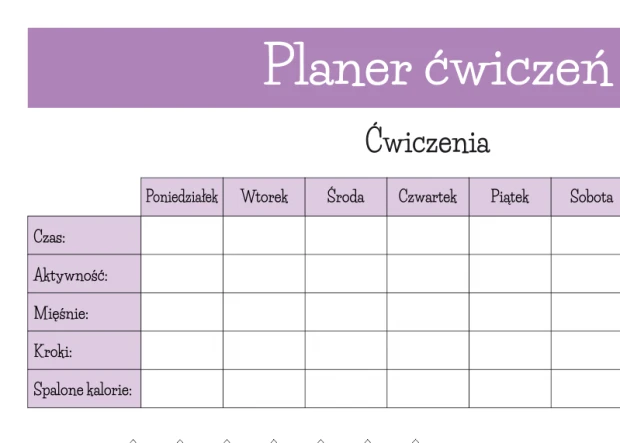 Tablica suchościeralna z nadrukiem planera ćwiczeń w fioletowej kolorystyce w zbliżeniu na tabelę tygodniową